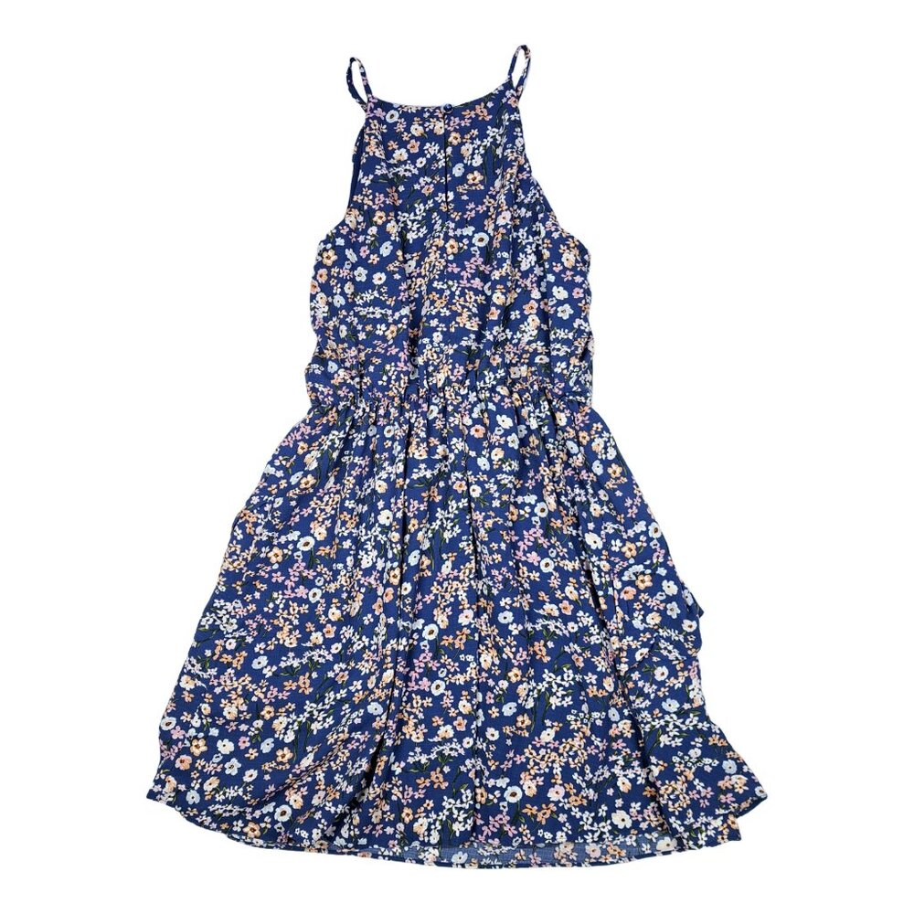 iZ Byer Blue Floral Sleeveless Dress L Tiered Ruffles Summer Sun Short